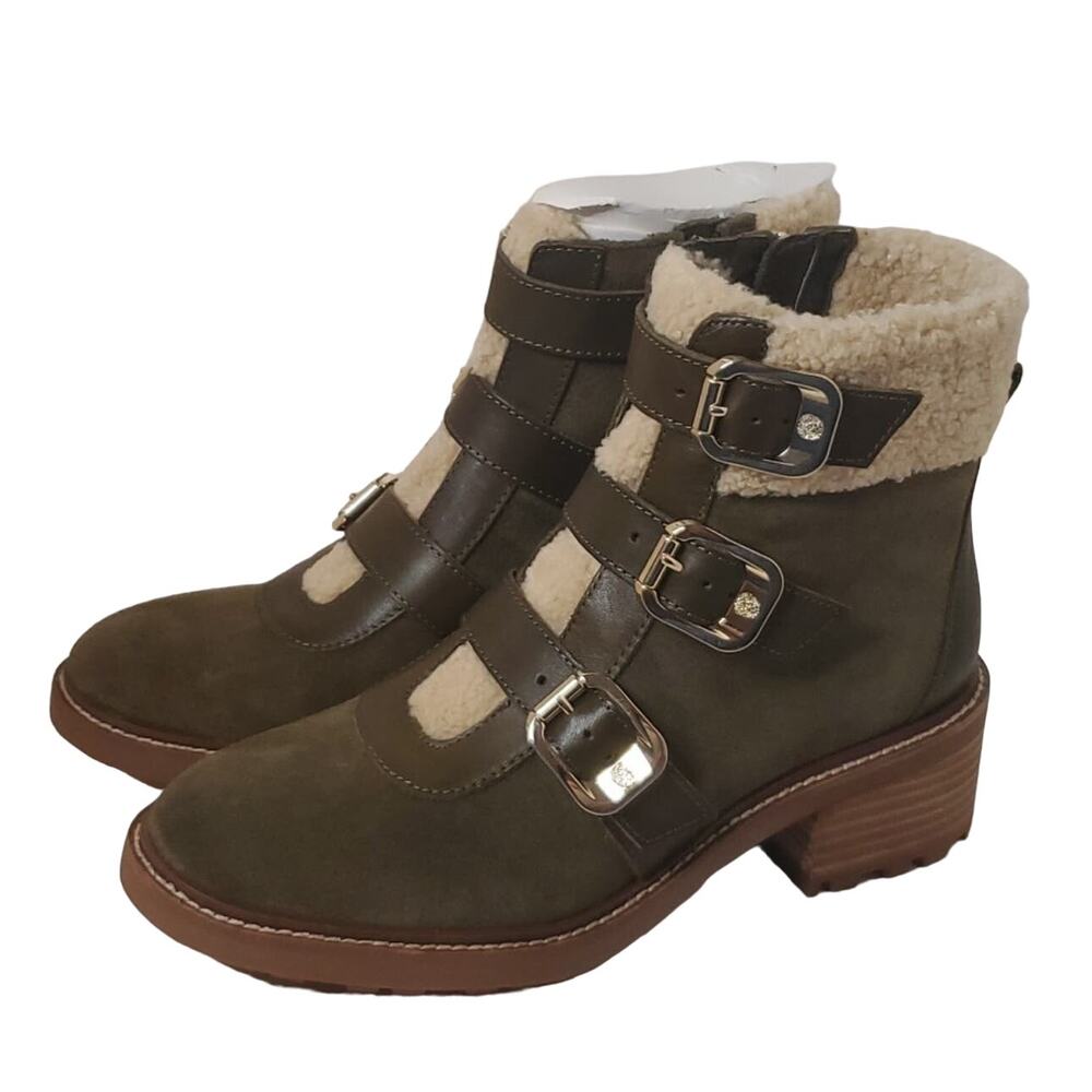Vince Camuto Klerica Leather/Fur Moto Boots Olive Green, Size 7M, NWT